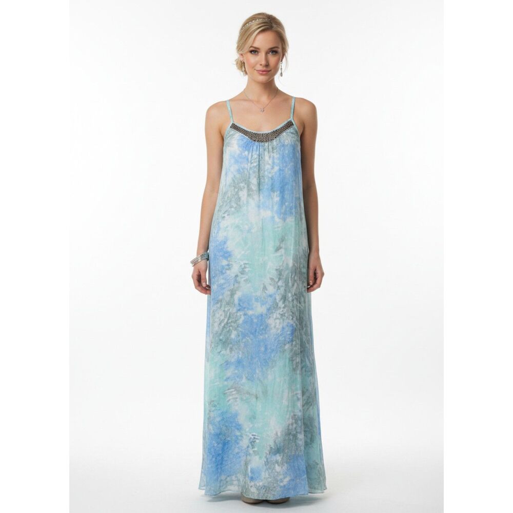 Tiare Hawaii Blue Print Embellished Neck Sleeveless Long Maxi Dress M/L